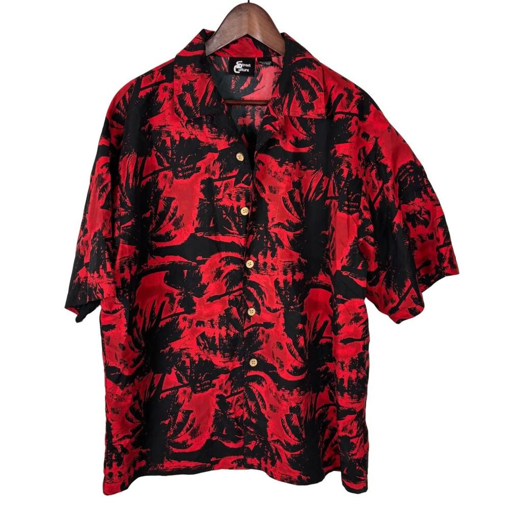 Street Culture Red Black Palm Print Button Down Short Sleeve Shirt Men's XL